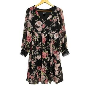 Stella & Julie Dress Womens‎ 8 Black Floral Long Sleeve V-Neck Tiered Lace Cuff